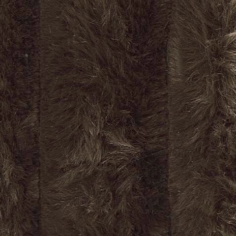 Close-up of dark brown faux fur fabric with long, plush fibers and subtle vertical variations in texture.