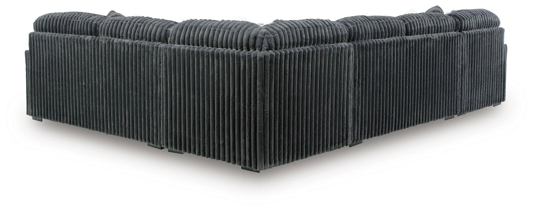 Dark gray corduroy-textured sectional sofa, viewed from the back and side, showing its L-shape and ribbed fabric.