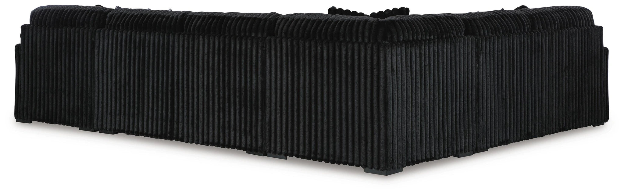 Black L-shaped sectional sofa, viewed from the back and side, featuring a plush ribbed corduroy-like upholstery.