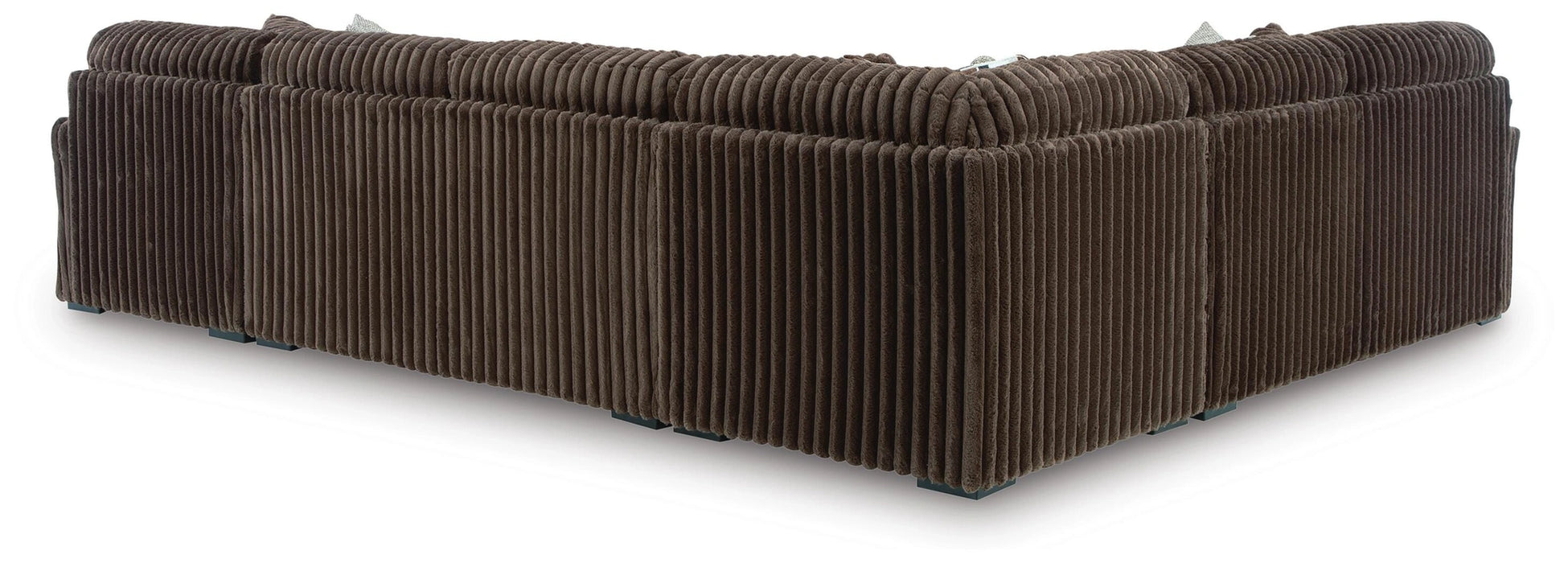 Back and side view of a large L-shaped sectional sofa upholstered in dark brown wide-wale corduroy fabric, with visible vertical ridges and small dark feet.