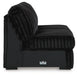 Black armless modular sofa section with plush, ribbed fabric cushions and a smooth fabric base. The back and seat cushions feature a corduroy-like texture, and the unit sits on low, square feet.