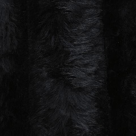 Black faux fur fabric swatch with varying pile lengths creating a textured, soft appearance.