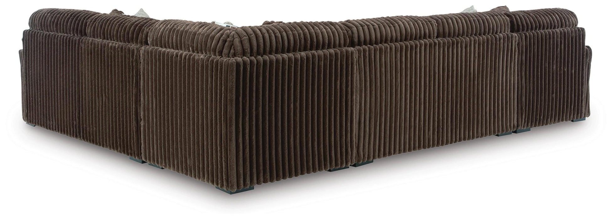 Brown sectional sofa, back and side view, featuring a plush corduroy-like ribbed fabric texture and low, dark feet.